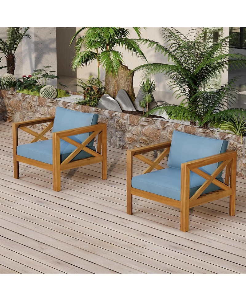Flynama Outdoor 2 Piece Wood Conversation Set Teak Finish Acacia Wood Armchairs Cushions Foldable Side Table