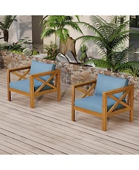 Flynama Outdoor 2 Piece Wood Conversation Set Teak Finish Acacia Wood Armchairs Cushions Foldable Side Table