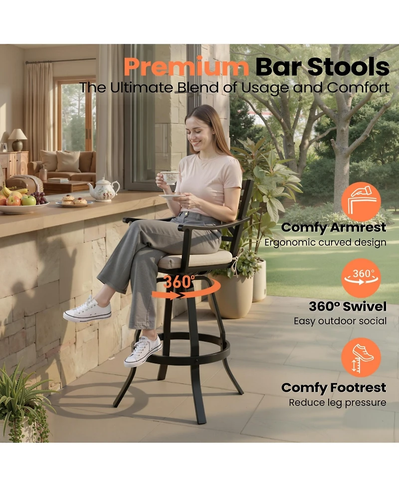 Pellebant 30" Aluminum Swivel Outdoor Bar Stools, Sunbrella Patio Height Barstools with Back, Rust-Proof for Deck Backyard Garden