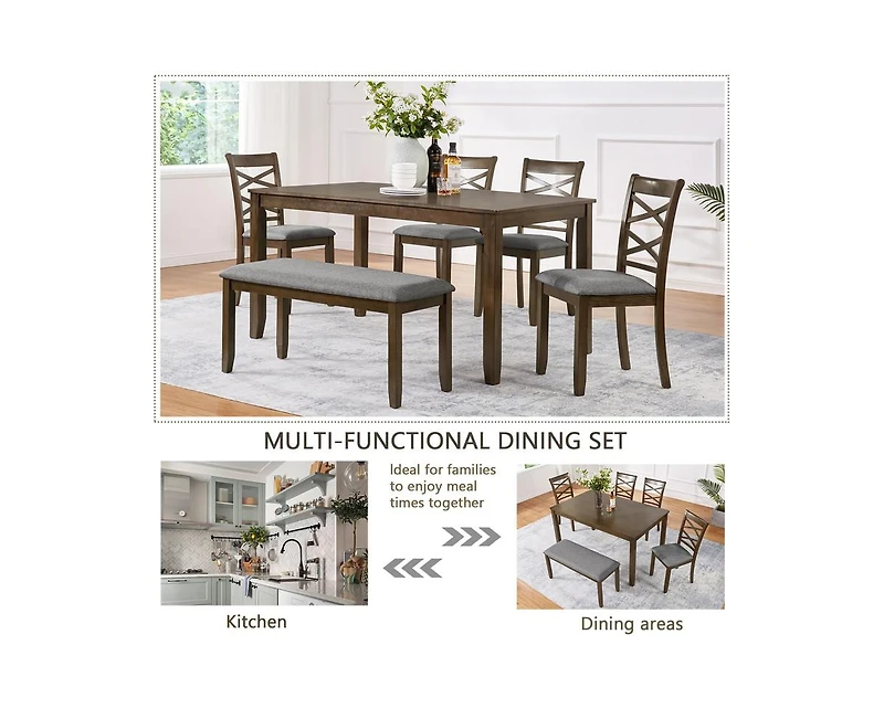 sumyeg Walnut Modern 6-Piece Dining Set with Rectangular Table 4 Chairs and Bench