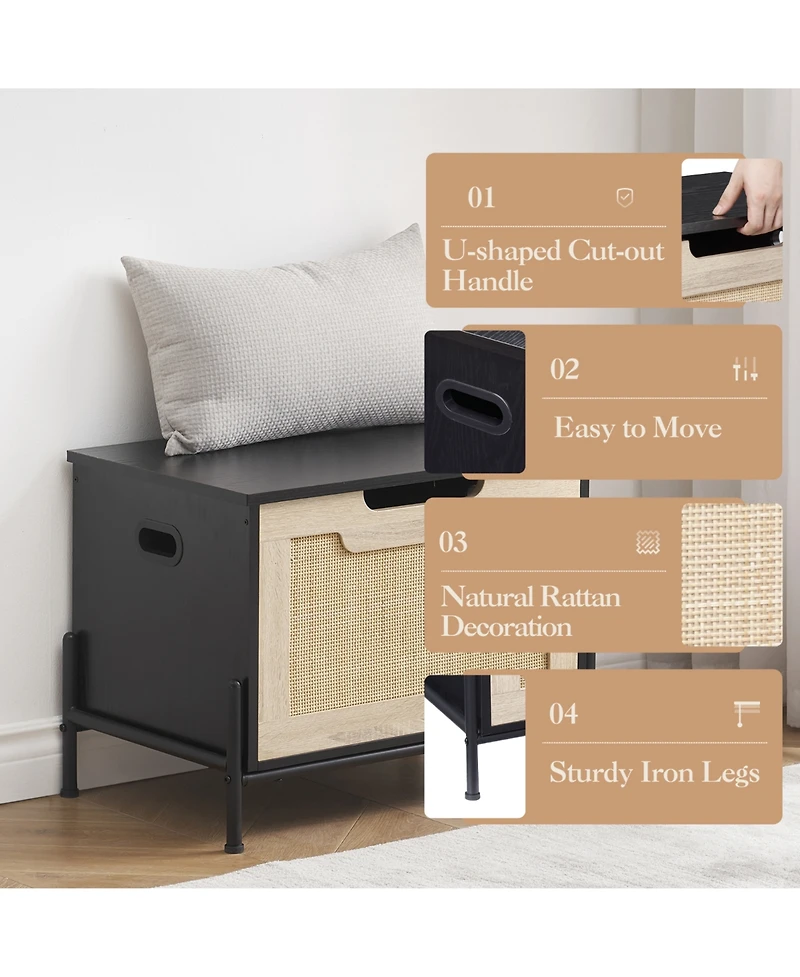 homfan Rattan Storage Bench with Cushion, Rattan Shoe Organizer with Safety Hinges for Entryway or Living Room