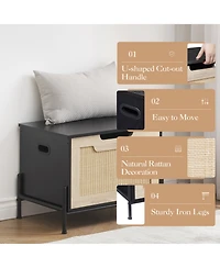 homfan Rattan Storage Bench with Cushion, Rattan Shoe Organizer with Safety Hinges for Entryway or Living Room