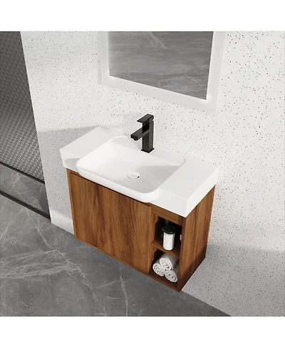 Thirtypeachy 28" Ebony Modern Plywood Wall-Mounted Bathroom Vanity With Ceramic Sink, Soft-Close Door, Space-Saving Storage Cabinet