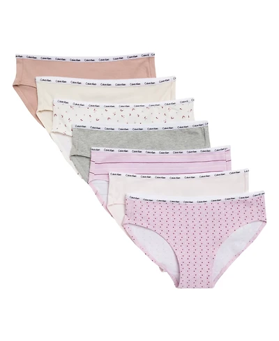 Calvin Klein Girls' 6-16 Floral Heart Stripe Cotton-Stretch Bikinis, 7-Pack