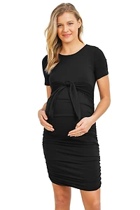Hello Miz Maternity Short Sleeve Tie-Front Dress with Side Ruching