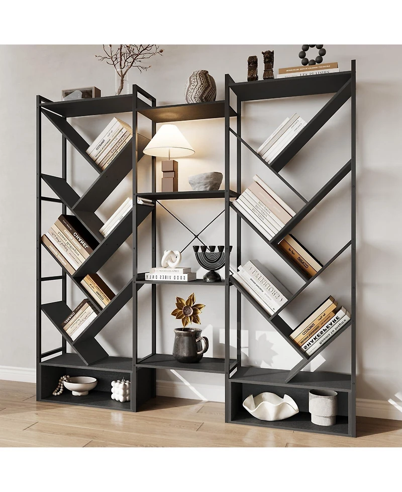 homfan Tree-Shaped 3-Tier Wide Bookshelf, Industrial Steel Frame 20 Open Shelf Storage Rack with Adjustable Feet, Home Office Display Organizer