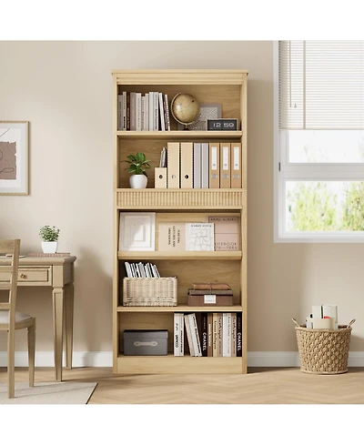 homfan 71-Inch 5-Tier Farmhouse Bookcase with Double Fluted Detailing, Wooden Base Structure for Office, Library and Living Room Storage
