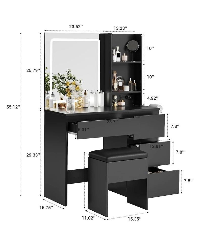 homfan Vanity Desk with Mirror and Led Lights, 4 Drawers, Power Outlet, Storage Stool, Shelves, Hair Dryer Holder, 3-Mode Lighting, Vanity Set