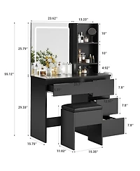 homfan Vanity Desk with Mirror and Led Lights, 4 Drawers, Power Outlet, Storage Stool, Shelves, Hair Dryer Holder, 3-Mode Lighting, Vanity Set