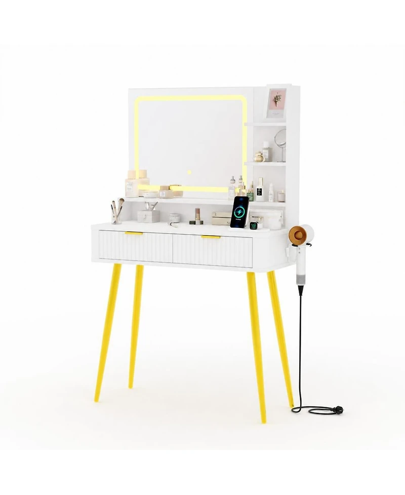 homfan 31.5" Led Makeup Vanity Desk with Lighted Mirror, 2 Drawers, 3 Color Lighting Modes and Built-in Power Outlet