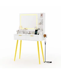 homfan 31.5" Led Makeup Vanity Desk with Lighted Mirror, 2 Drawers, 3 Color Lighting Modes and Built-in Power Outlet