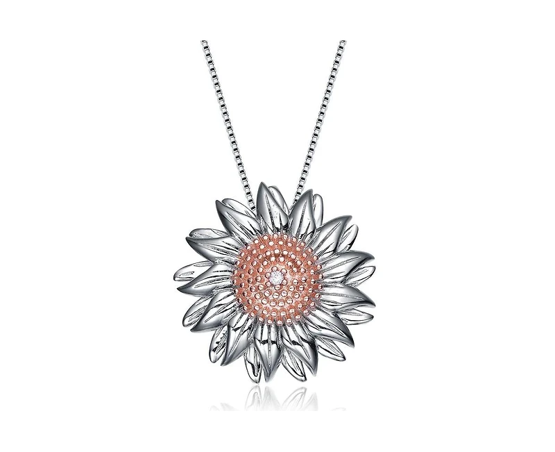 Genevive Unique Sterling Silver Two-Tone Sunflower Cz Pendant Necklace