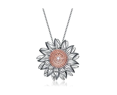 Genevive Unique Sterling Silver Two-Tone Sunflower Cz Pendant Necklace