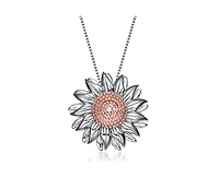 Genevive Unique Sterling Silver Two-Tone Sunflower Cz Pendant Necklace
