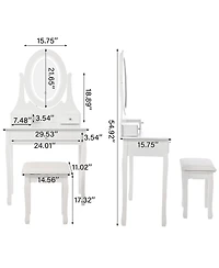 homfan Modern Vanity Desk with Led Lighted Oval Mirror, 3 Lighting Modes, Cushioned Stool, 3 Storage Drawers, Dressing Table Set for Bedroom