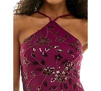 Seni & Cade Juniors' Beaded Sequin Halter Neck Mini Dress