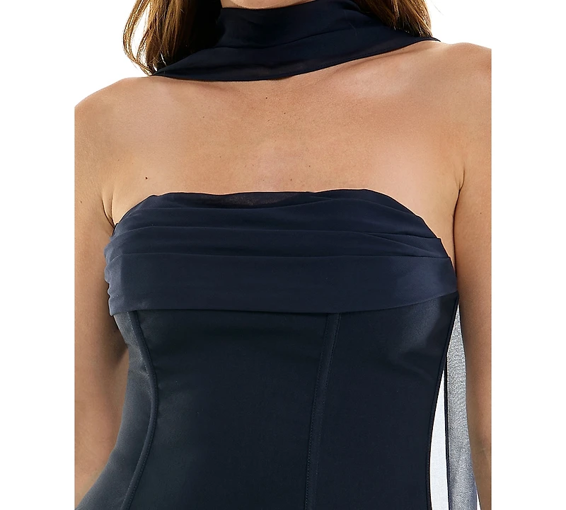 Seni & Cade Juniors' Scarf with Drop Waist Drape Front Mini Dress