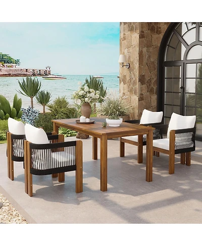 Asagikoiai 5-Piece Acacia Wood Outdoor Dining Set with Rope Woven Chairs