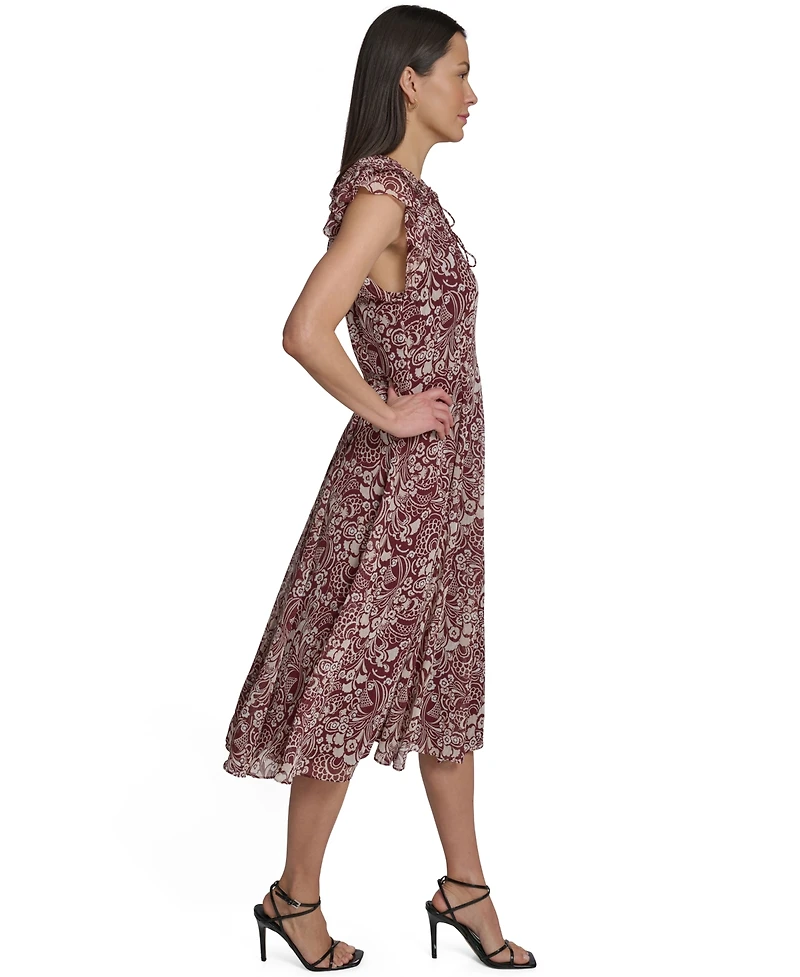 Tommy Hilfiger Women's Flutter-Sleeve Tie Neck Chiffon Midi Dress
