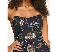 Katia Rae Juniors' Lace-Up Back Strapless Sequined Floral Short Dress