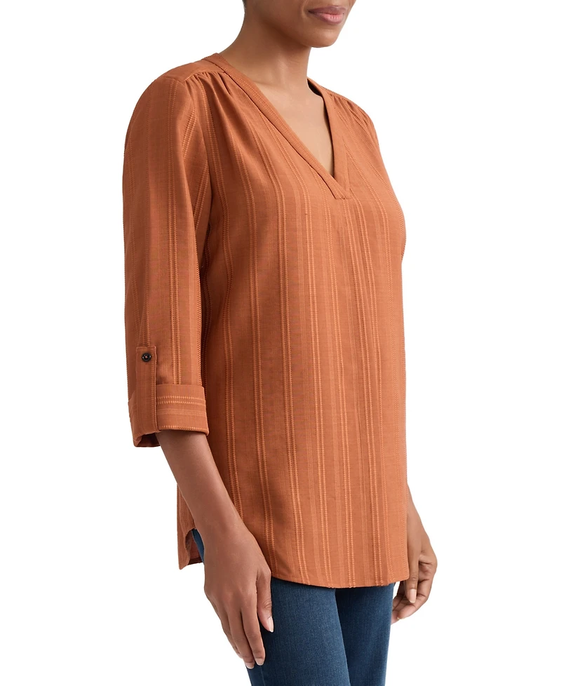 Jones New York Women's V-Neck Pleated-Front Jacquard Top