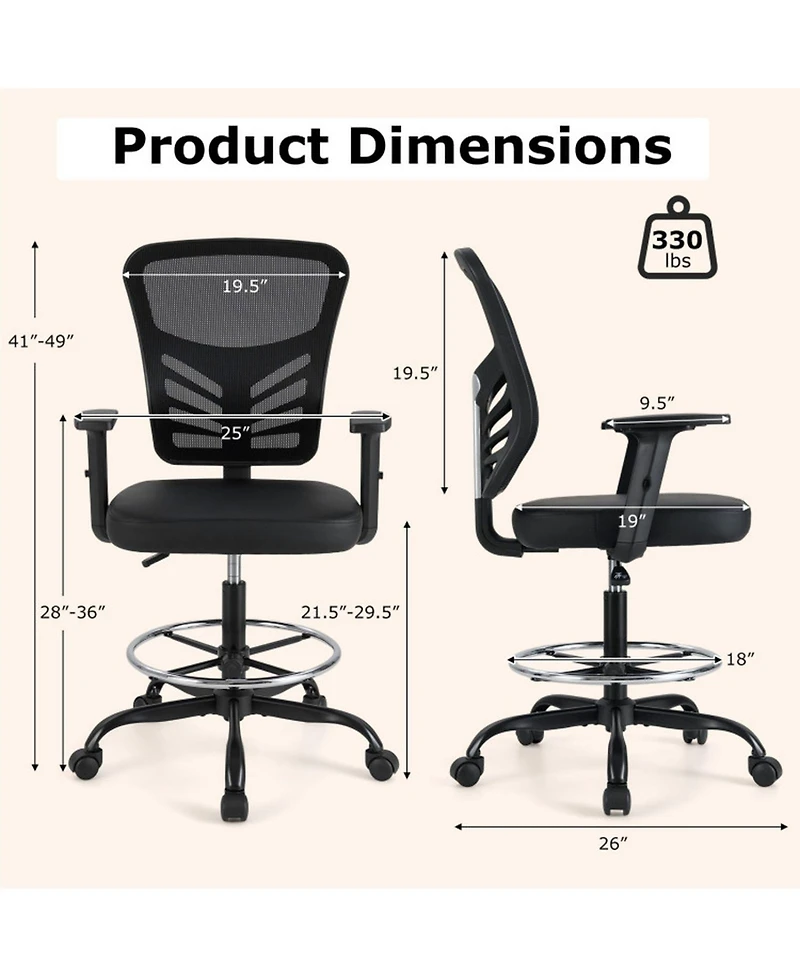 Gouun Mesh Drafting Chair Adjustable Armrests Foot-Ring Lumbar Support