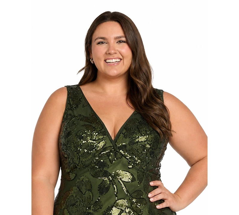 R & M Richards Plus V-Neck Sequined Gown