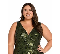 R & M Richards Plus V-Neck Sequined Gown