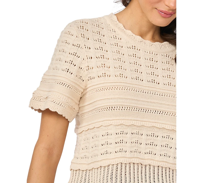 CeCe Women's Multi-Stitch Pointelle Short-Sleeve Sweater