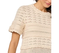 CeCe Women's Multi-Stitch Pointelle Short-Sleeve Sweater