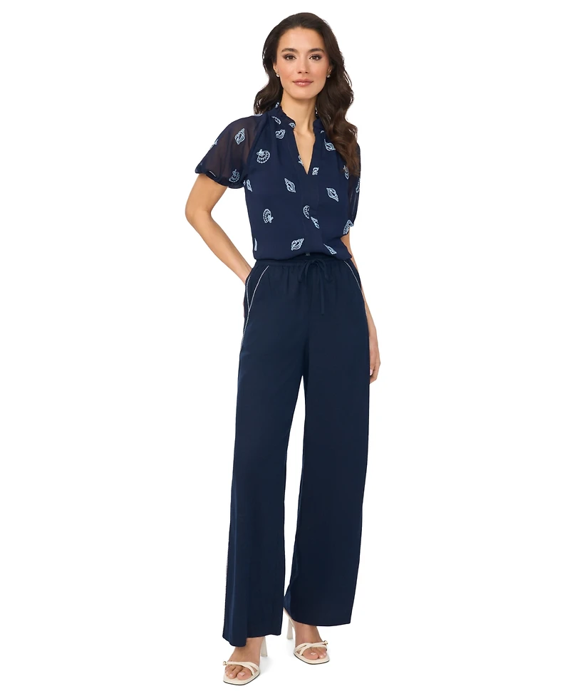 CeCe Women's Embroidered Split V-Neck Blouse