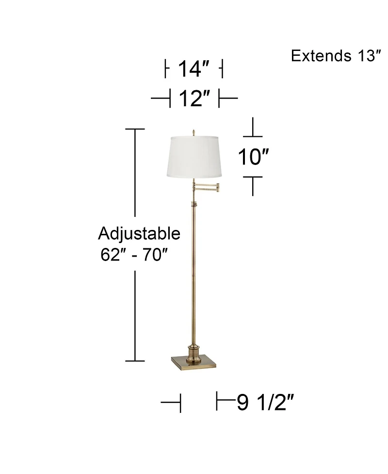 360 Lighting Swing Arm Floor Lamp Adjustable Height 70" Tall Antique Brass Fabric Drum Shade for Living Room Reading Bedroom Office