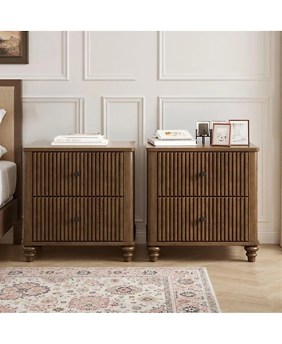 Streamdale Furniture Fluted 3-Drawer Nightstand Set Mid-Century Modern Wood Side Table (2-Piece