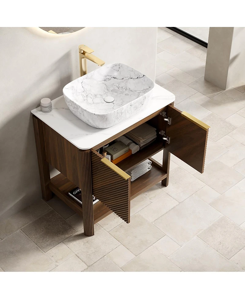 Sillysis Modern Bathroom Vanity with Vessel Sink, Sintered Stone Countertop, Soft Close Solid Wood 3D Doors