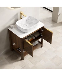 Sillysis Modern Bathroom Vanity with Vessel Sink, Sintered Stone Countertop, Soft Close Solid Wood 3D Doors