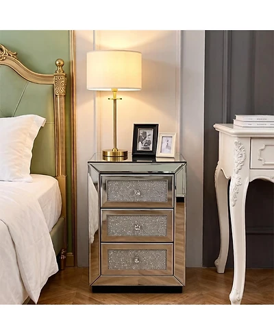 Streamdale Furniture 3-Drawer Mirrored Nightstand Bedside Table Glass Accent End Table Silver