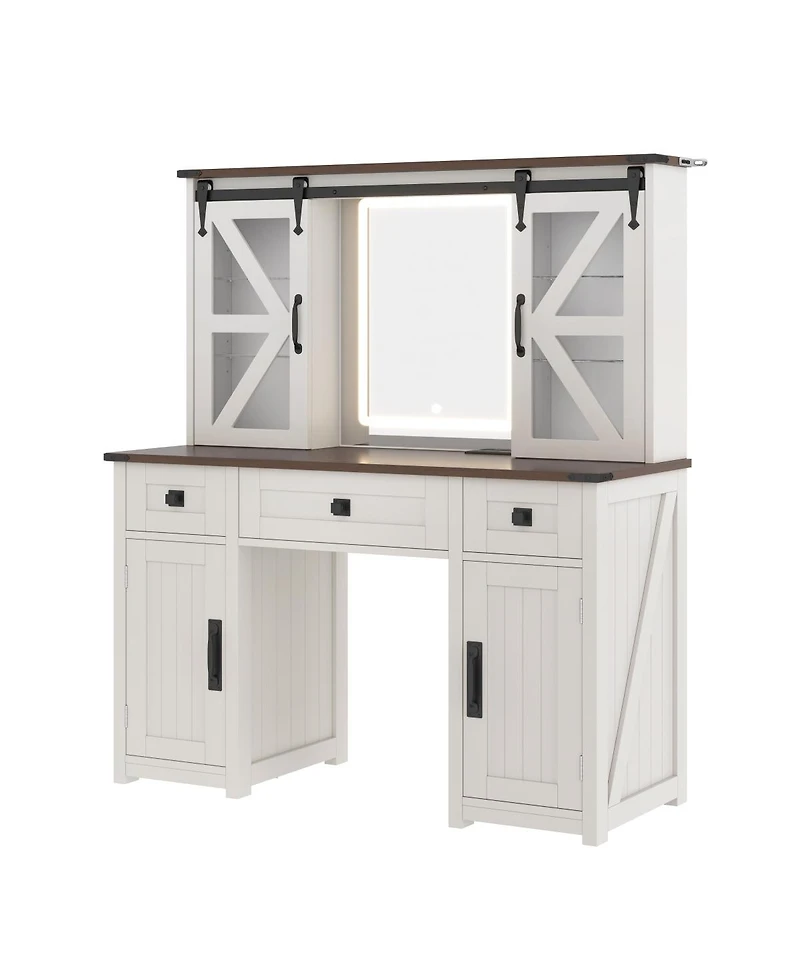 Streamdale Furniture 43.3'' Farmhouse Vanity Desk with Lighted Mirror Charging Station and Storage