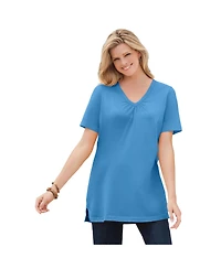 Woman Within Plus Perfect Short-Sleeve Shirred V-Neck Tunic