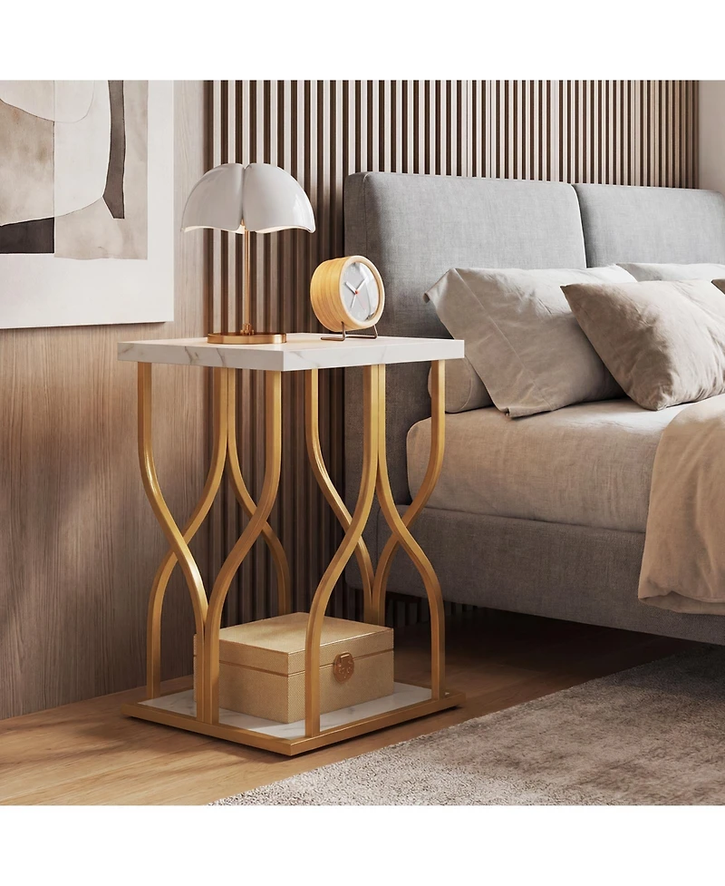 Gymax Faux Marble Nightstand 2-Tier End Table w/Storage Shelf Metal Frame for Bedroom