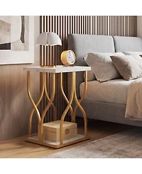 Gymax Faux Marble Nightstand 2-Tier End Table w/Storage Shelf Metal Frame for Bedroom