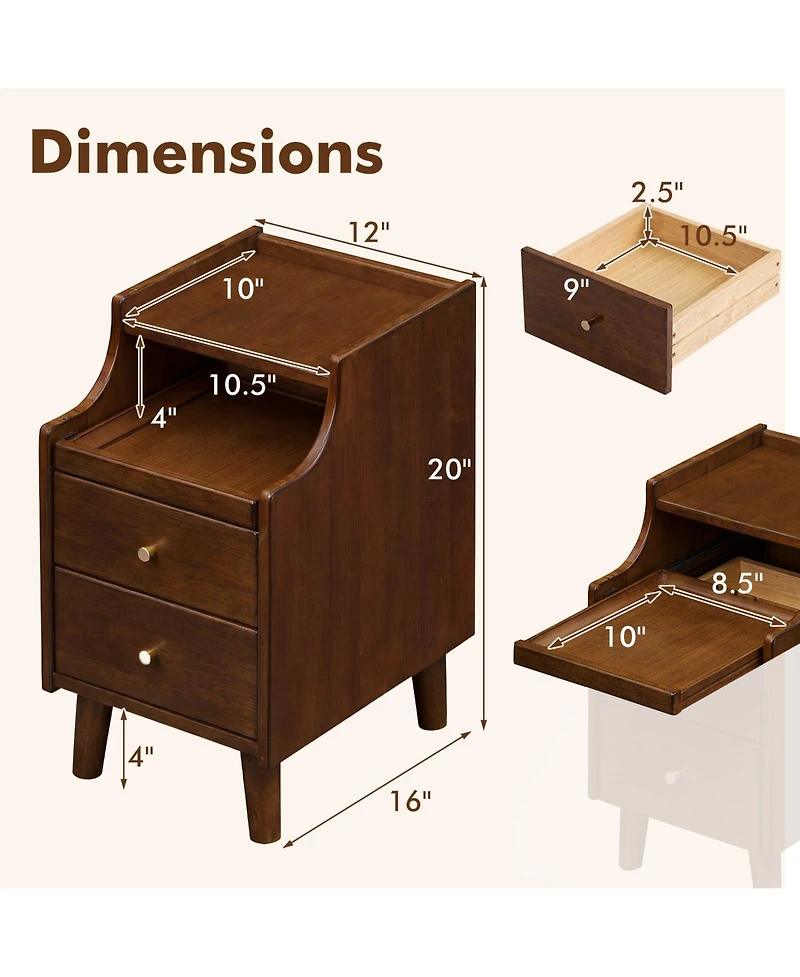 Gymax 2Pcs Wood Nightstand w/ 2 Drawers Narrow Bedside Table w/ Pull-out Tray