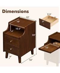 Gymax 2Pcs Wood Nightstand w/ 2 Drawers Narrow Bedside Table w/ Pull-out Tray