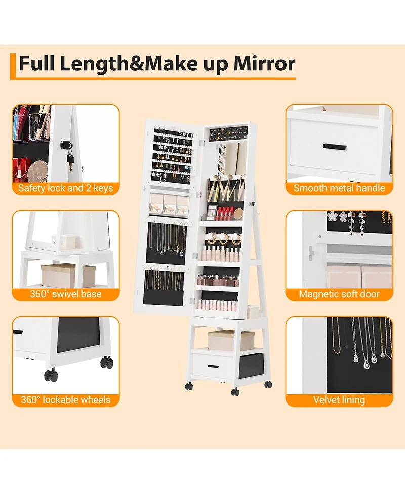 homfan Standing Jewelry Armoire with Full-Length Mirror, 360degree(s) Swivel Base and Lockable Storage - Elegant Multi-Functional Organizer