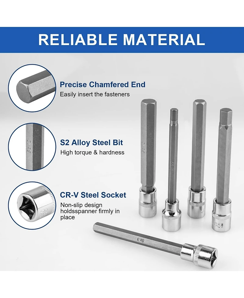 Xdovet Extra-long Allen Hex Bit Socket Set 3/8inch Drive Sae Metric Cr-v S2 Steel