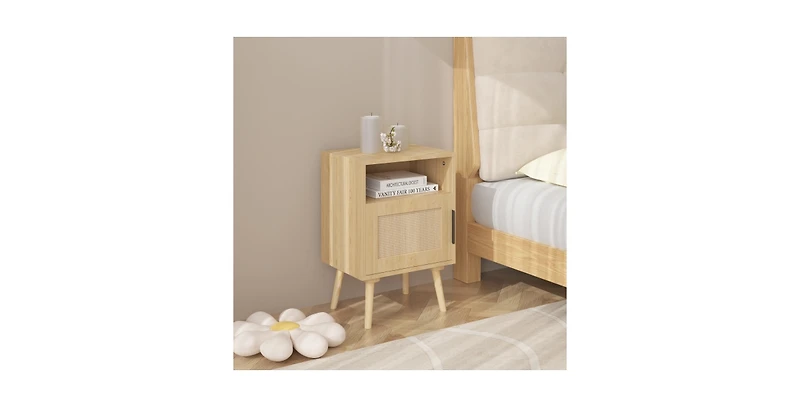Lucky One 23"W Rattan Nightstand with Door Open Shelf, Solid Wood Legs