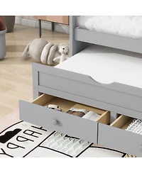 Sailvan Bed with Headboard, Footboard, Trundle and 3 Storage Drawers, Pine Wood Bed