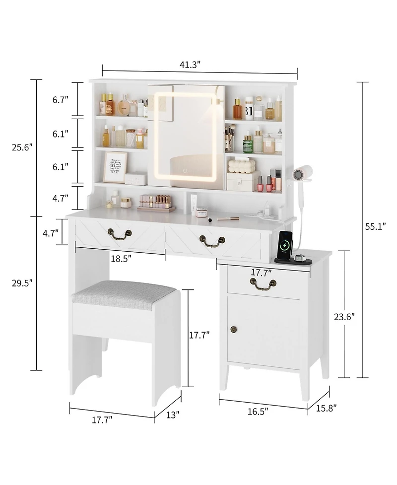gaomon Vanity Desk with Sliding Mirror, Led Lights, Charging Station, Hair Dryer Rack, Stool, Drawers and Storage Modern Extendable Makeup Table