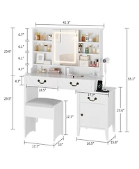 gaomon Vanity Desk with Sliding Mirror, Led Lights, Charging Station, Hair Dryer Rack, Stool, Drawers and Storage Modern Extendable Makeup Table