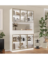 Homsee 6-Door Bookcase with Led Lights - Modern Glass Display Cabinet | Living Room Storage