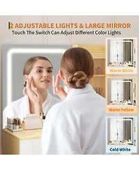 gaomon Modern Vanity Desk with Mirror and Led Lights 3-Color Adjustable Lighting, 4 Drawers, Built-In Outlets, Bedroom Makeup Dressing Table